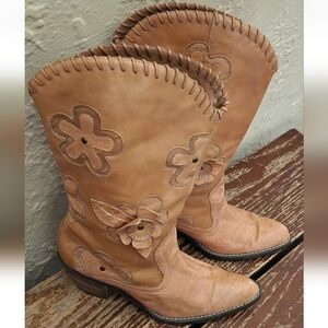 MIA Candida Boho Cowgirl Floral Leather Cowboy Boots Womens’s Size 7 M Brown Tan